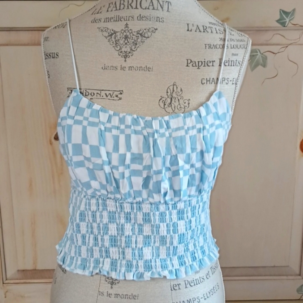 Y2K Blue and White Checked Crop Top